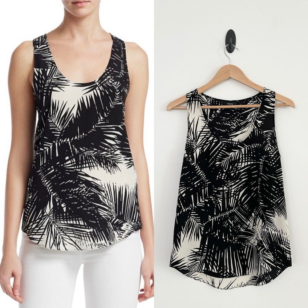 Theory Women's Small Black Ivory Multi 100% Silk Sleeveless Tropical Tank Top